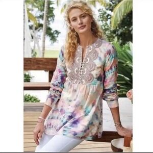 Soft Surroundings Tie Dye Beaded Tunic Top Blouse Bazille Watercolor Rainbow XS